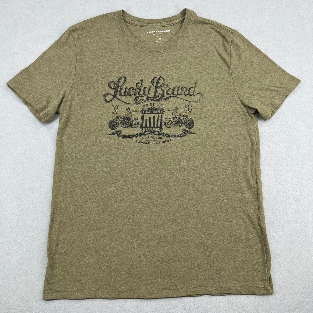 Lucky Brand Mens Graphic T-Shirt Medium Olive Green Motorcycle Biker Tee